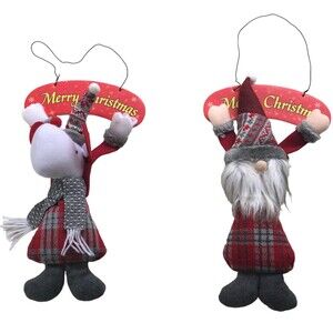 Christmas Decorations Gnome And Moose Gray Red Doorhanger Lot of Two 13"